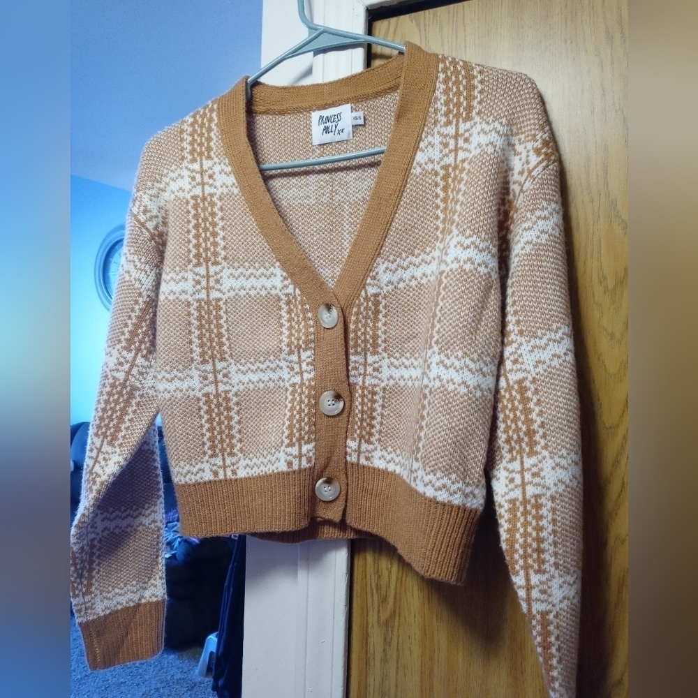 Princess Polly 3 Button Caramel and White Plaid Cropped Long Sleeve Cardigan